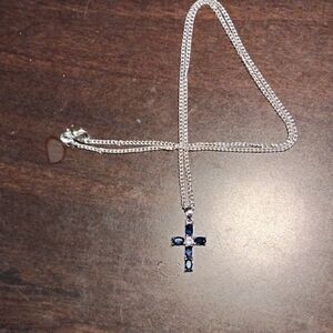 Elegant Silver Cross Necklace with Blue Accents. The Chain Is 925 Sterling Silve